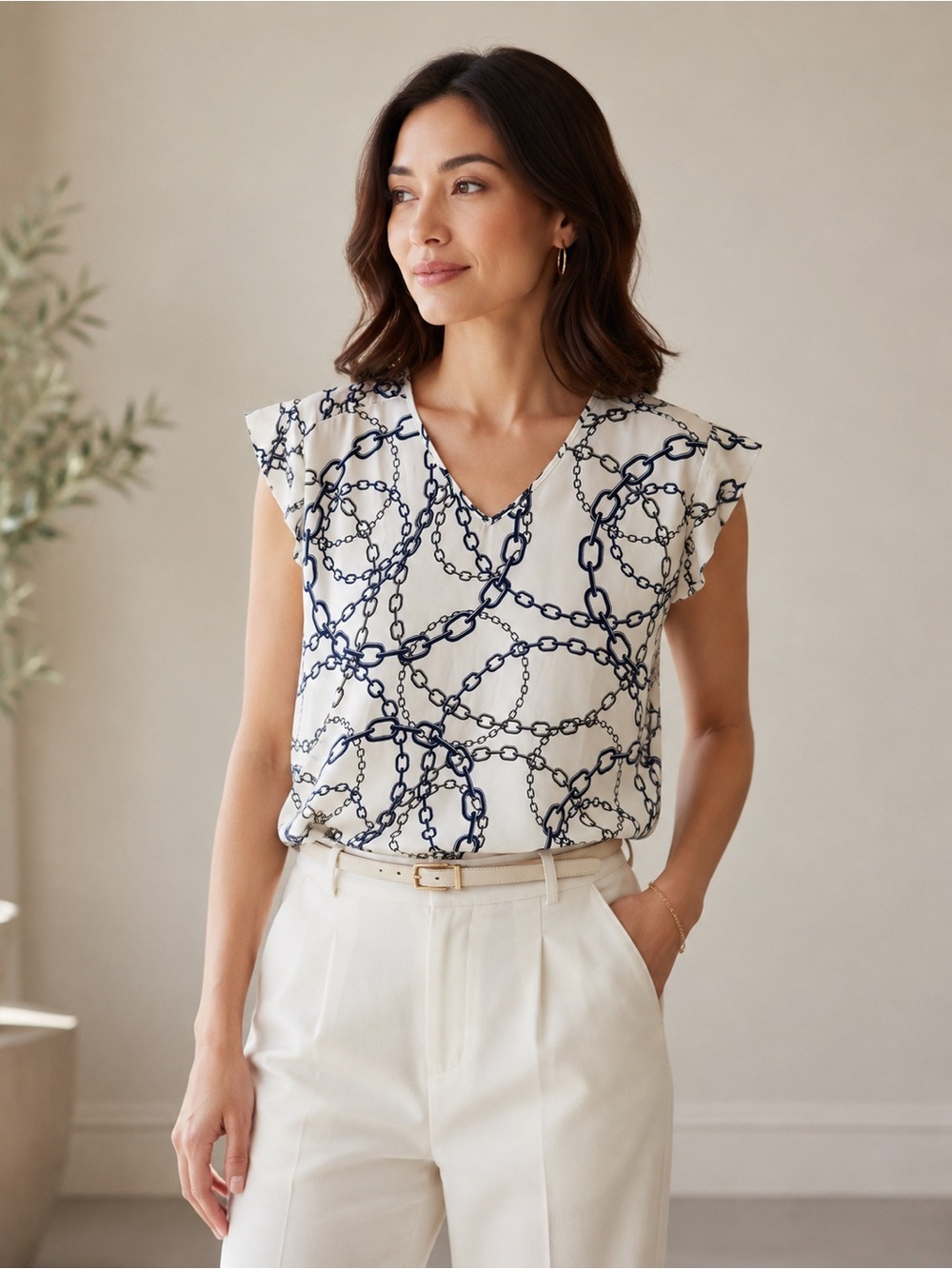 Express Chain Print Blouse Womens Small Blue White Nautical Cap Sleeve Top